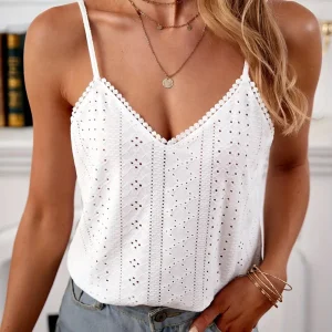 Fashion Stylish Sleeveless Eyelet Lace Detail V-Neck Beach Outdoor Camis