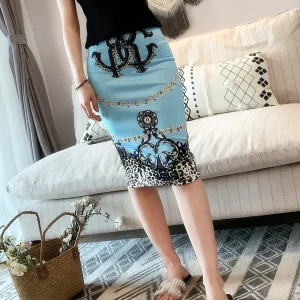 Luxury Vintage Printed Pencil Long Skirt Office Skirts High Waist Slim Bodycon Midi Casual