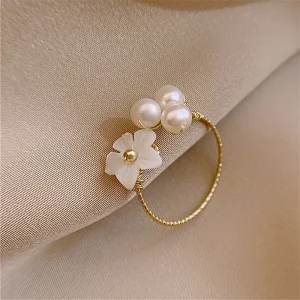 Flower And Pearl Adjustable Ring Exquisite Zircon Rings