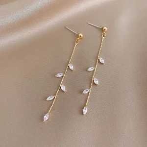 Long Silver Plated Leaf Tassel Exquisite Luxury Drop Earrings
