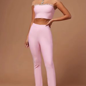 Luxury Designer Mesh Crystal Beading Two Piece Pants Bandage Set