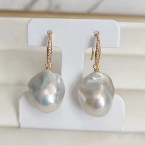 14K Gold Filled Zircon Inlaid Baroque White Pearl Drop Earrings