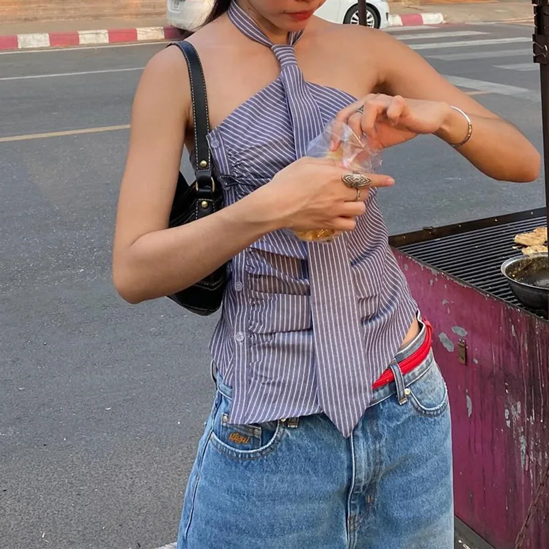 Chic Backless Button Asymmetrical Striped Halter Crop Tops - Image 11