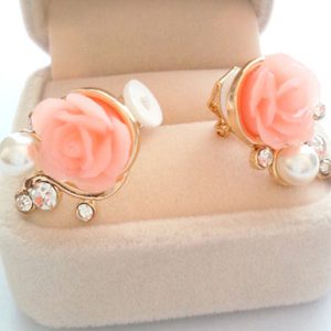 18K Gold Plated Stud Earrings Rose Shaped Artificial Pearl and Diamond