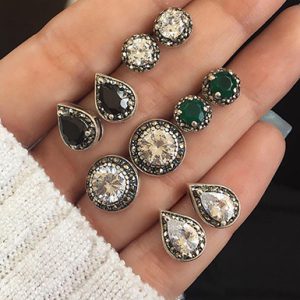 5 Pairs of Crystal Rhinestone and Onyx Stud Earrings