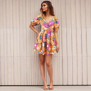 Casual V-Neck Printed Lantern Sleeve Daily Streetwear Short Dress