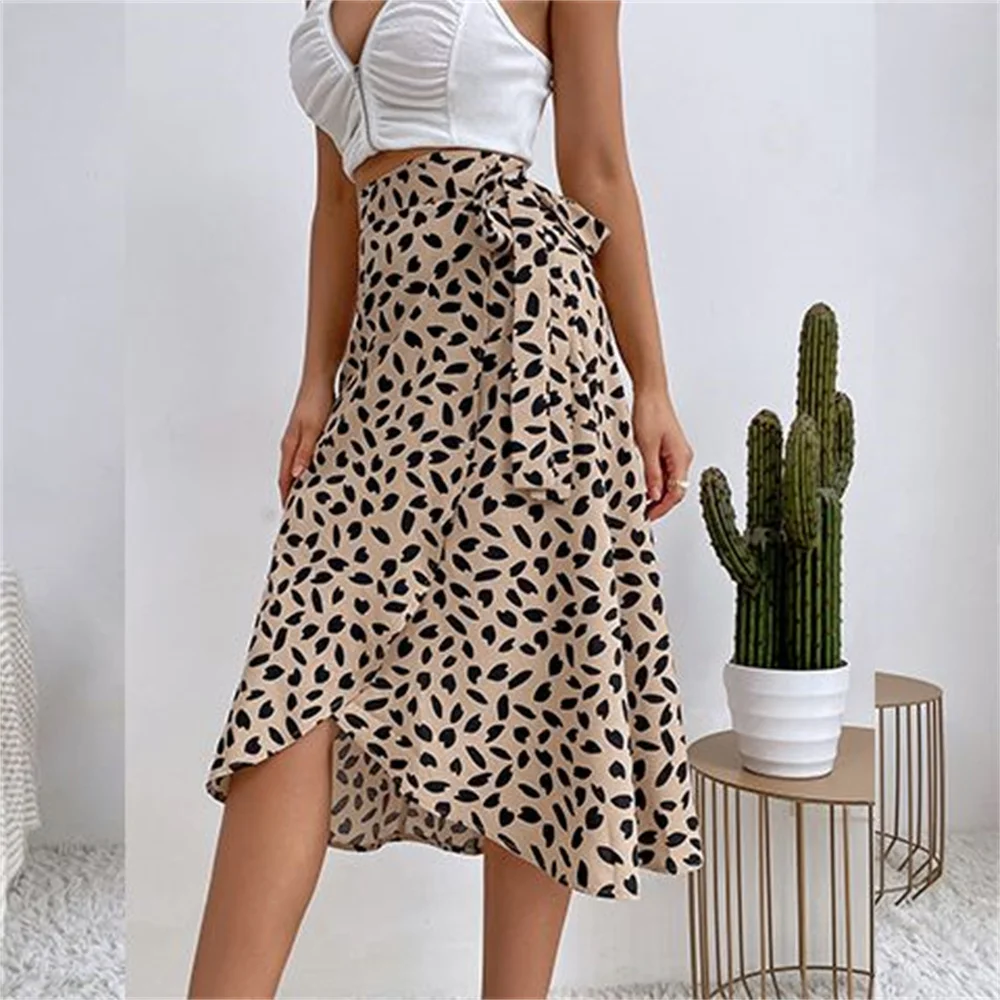 A Line Asymmetrical Print Tie Side High Waist Knee Length Elegant Skirts - Image 2