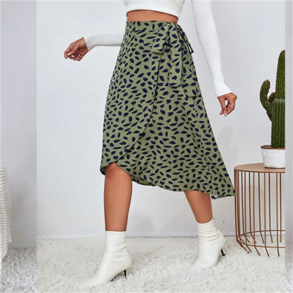 A Line Asymmetrical Print Tie Side High Waist Knee Length Elegant Skirts - Image 7