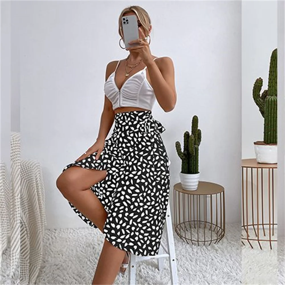 A Line Asymmetrical Print Tie Side High Waist Knee Length Elegant Skirts - Image 8