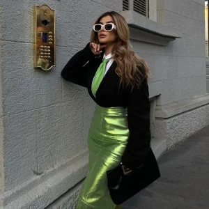 A Line High Waist Leather Hip Slit Elegant And Vintage Midi Skirts