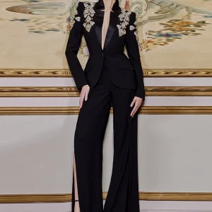 Beaded Diamonds Stand Collar Single Button Blazer Wide-leg Pants Designer Suit
