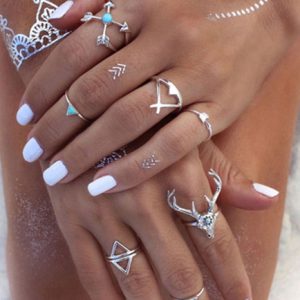 Boho Knuckle Ethnic Embossed 7 Piece Ring Set