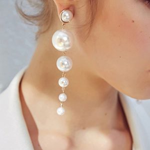 Cascading Dangling Pearl Style Earrings Gold Trim