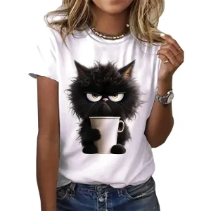 Casual Animal Print Short Sleeve O Neck Funny Cat T-shirt