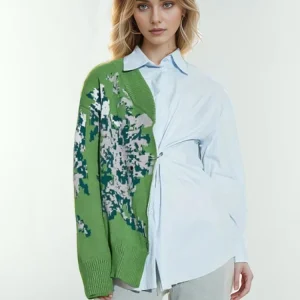 Casual Asymmetrical Patchwork Lapel Long Sleeve Knitting Printing Loose Shirts