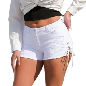 Casual Button Fly Pocket Hole Bottom Denim Shorts Jeans