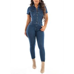 Casual Button Half-open Lapel Short Sleeve Full Length Jumpsuit