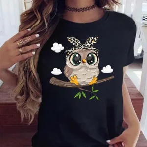 Casual Cartoon Owl Print Short Sleeved Tee O-neck T-shirts