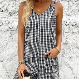 Casual Checkered Skinny Strap Shorts Non Stretch Loose Romper