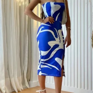 Casual Chest Wrapping Strapless Printed Bodycon Maxi Dress