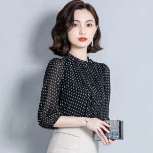 Casual Chiffon Long Sleeve O-Neck Polka Dot Printed Blouses Shirts