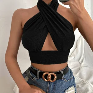 Casual Cross Halter Neck Hollow Out High Street Tank Tops