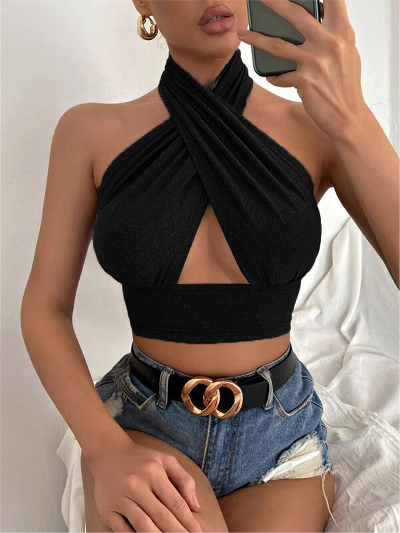 Casual Cross Halter Neck Hollow Out High Street Tank Tops