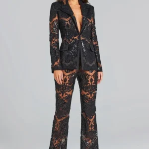 Casual Designer Single Button Zipper Fly Lace Blazer Flare Suit Set