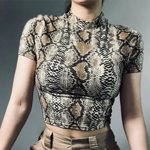 Casual High Collar Snake Print Medium Stretch Crop Top