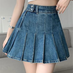 Casual High Waist Irregular Denim Pleated A-Line Mini Skirts