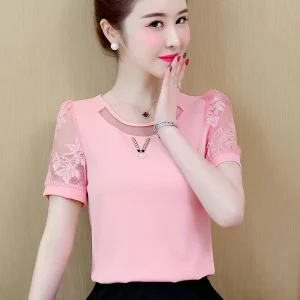 Casual Lace Short Sleeve O-Neck Chiffon Slight Stretch Blouses Shirts