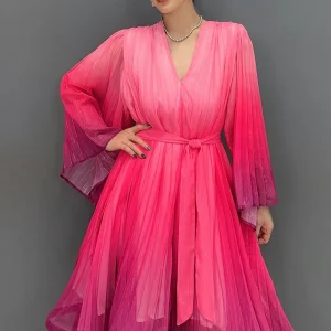 Casual Lace Up V-Neck Gradient Loose Mid Dresses