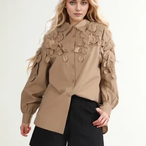 Casual Lapel Long Sleeve Spliced Appliques Solid Patchwork Feathers Loose Shirts