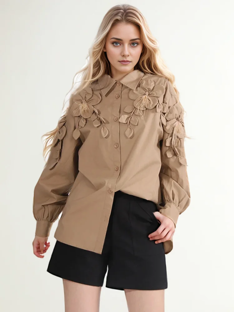Casual Lapel Long Sleeve Spliced Appliques Solid Patchwork Feathers Loose Shirts