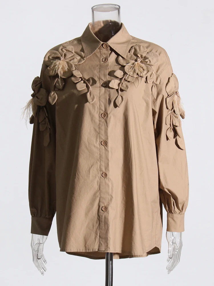 Casual Lapel Long Sleeve Spliced Appliques Solid Patchwork Feathers Loose Shirts - Image 2