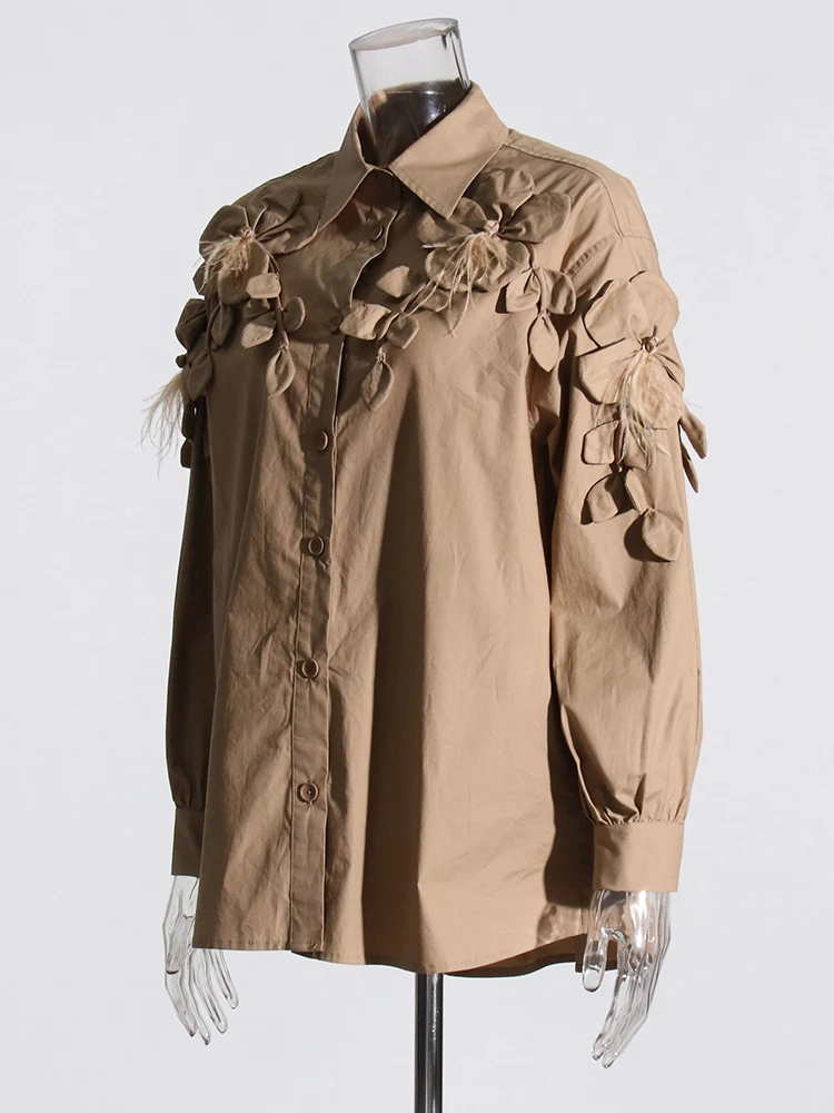 Casual Lapel Long Sleeve Spliced Appliques Solid Patchwork Feathers Loose Shirts - Image 3