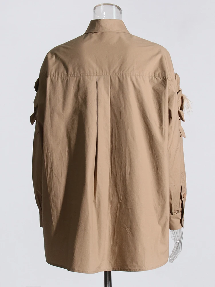 Casual Lapel Long Sleeve Spliced Appliques Solid Patchwork Feathers Loose Shirts - Image 4