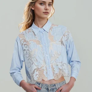 Casual Lapel Long Sleeve Spliced Striped Patchwork Lace Short Blouses Shirt
