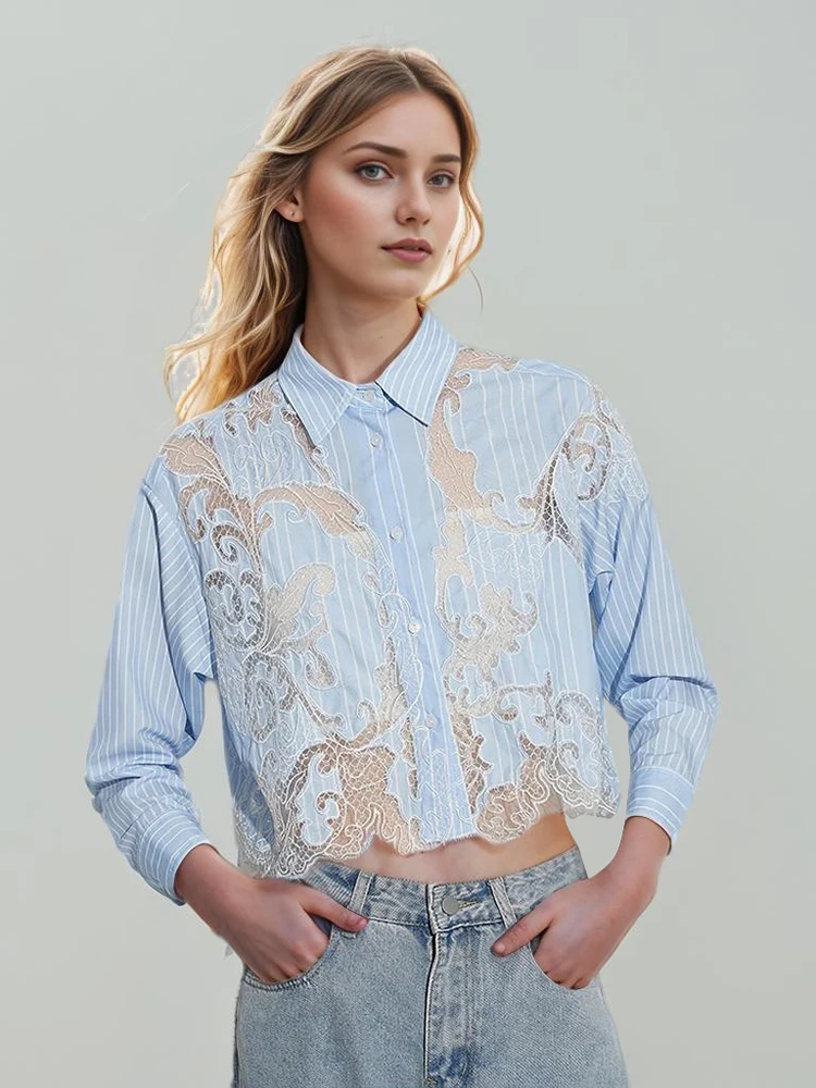 Casual Lapel Long Sleeve Spliced Striped Patchwork Lace Short Blouses Shirt