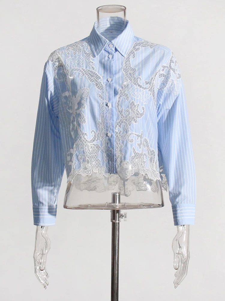 Casual Lapel Long Sleeve Spliced Striped Patchwork Lace Short Blouses Shirt - Image 2