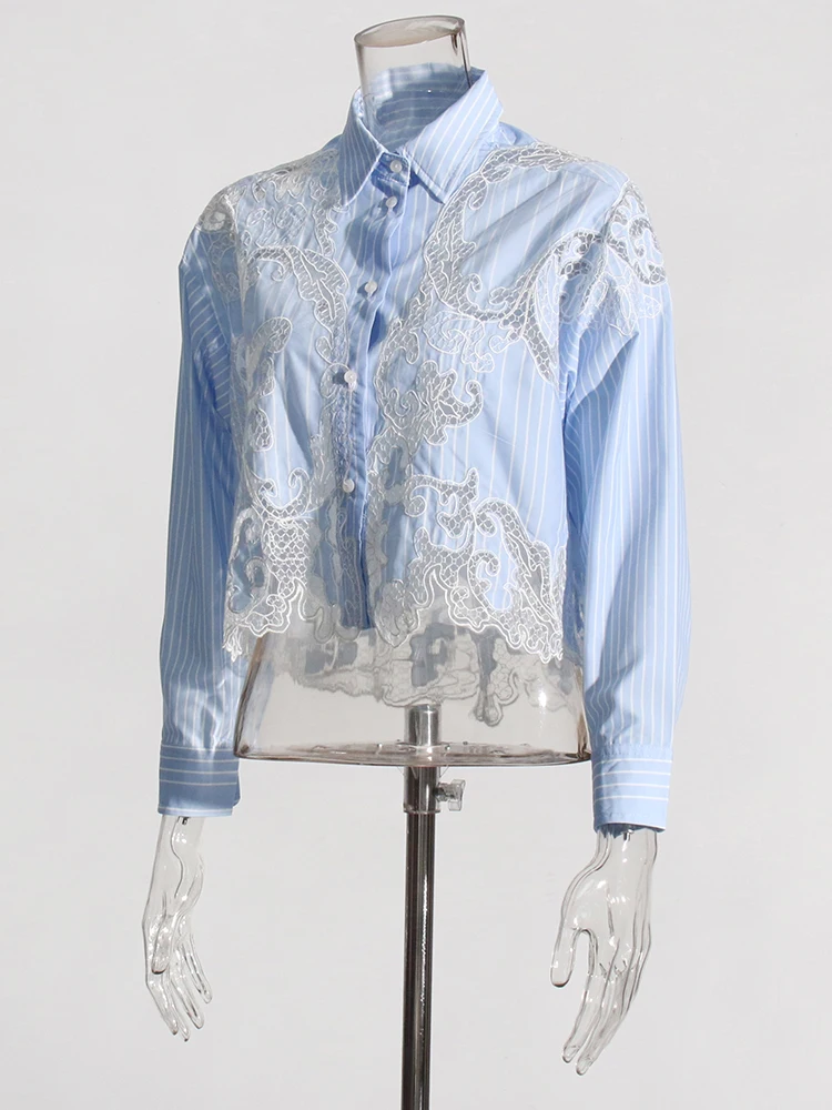 Casual Lapel Long Sleeve Spliced Striped Patchwork Lace Short Blouses Shirt - Image 3