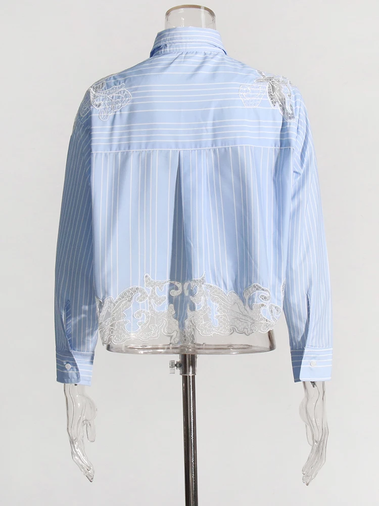Casual Lapel Long Sleeve Spliced Striped Patchwork Lace Short Blouses Shirt - Image 4