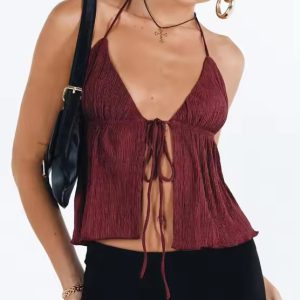 Casual Linen Bandage Open Front Backless Slight Stretch Crop Tops