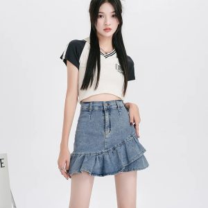 Casual Lining High Waist A Line Ruffles Mini Denim Skirt