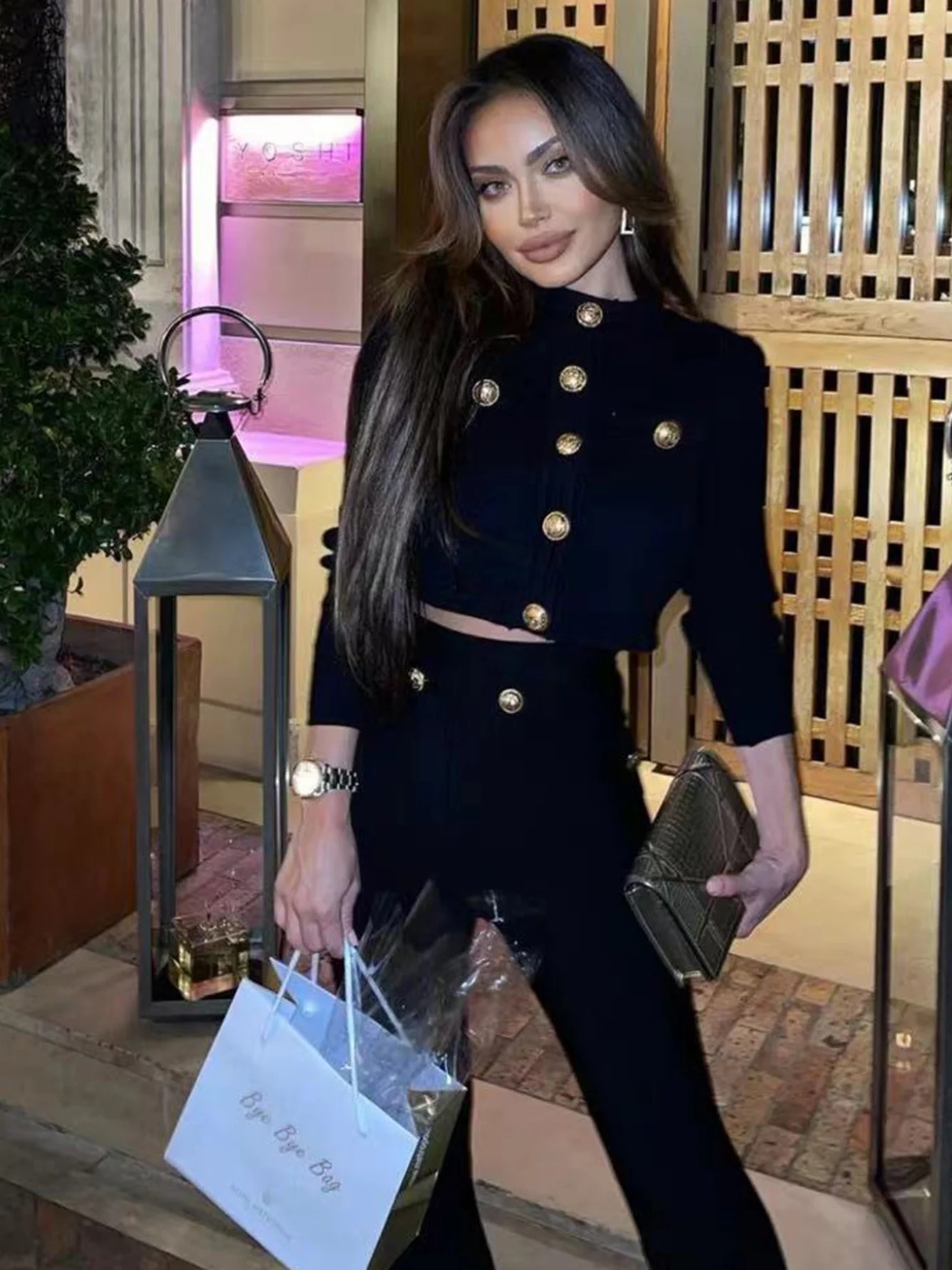 Casual Long Sleeve Button Stretch Bandage Top Long Pants 2 Piece Sets - Image 2