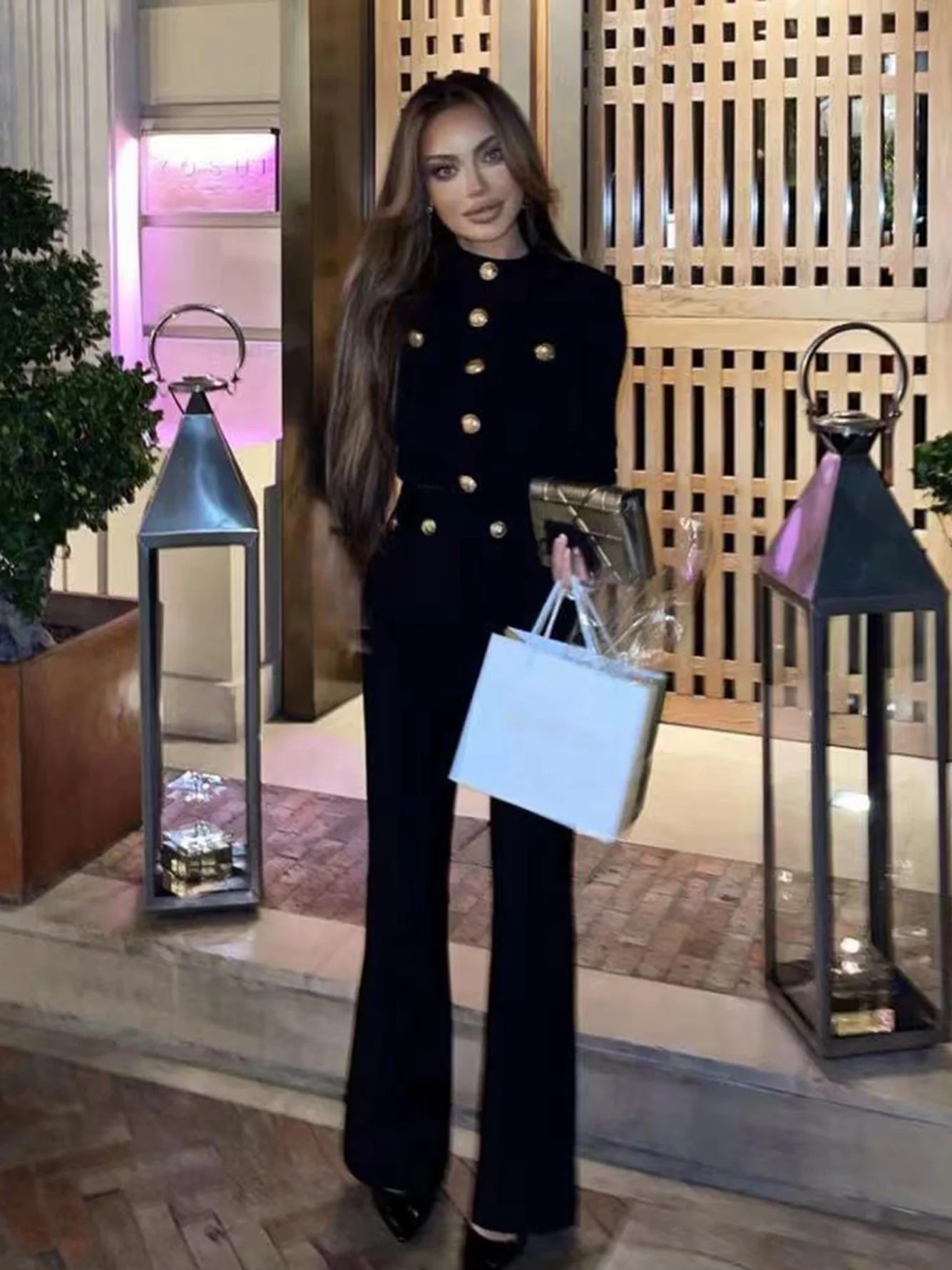 Casual Long Sleeve Button Stretch Bandage Top Long Pants 2 Piece Sets - Image 4