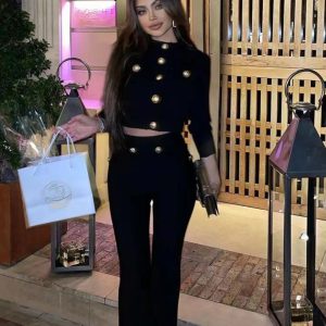 Casual Long Sleeve Button Stretch Bandage Top Long Pants 2 Piece Sets