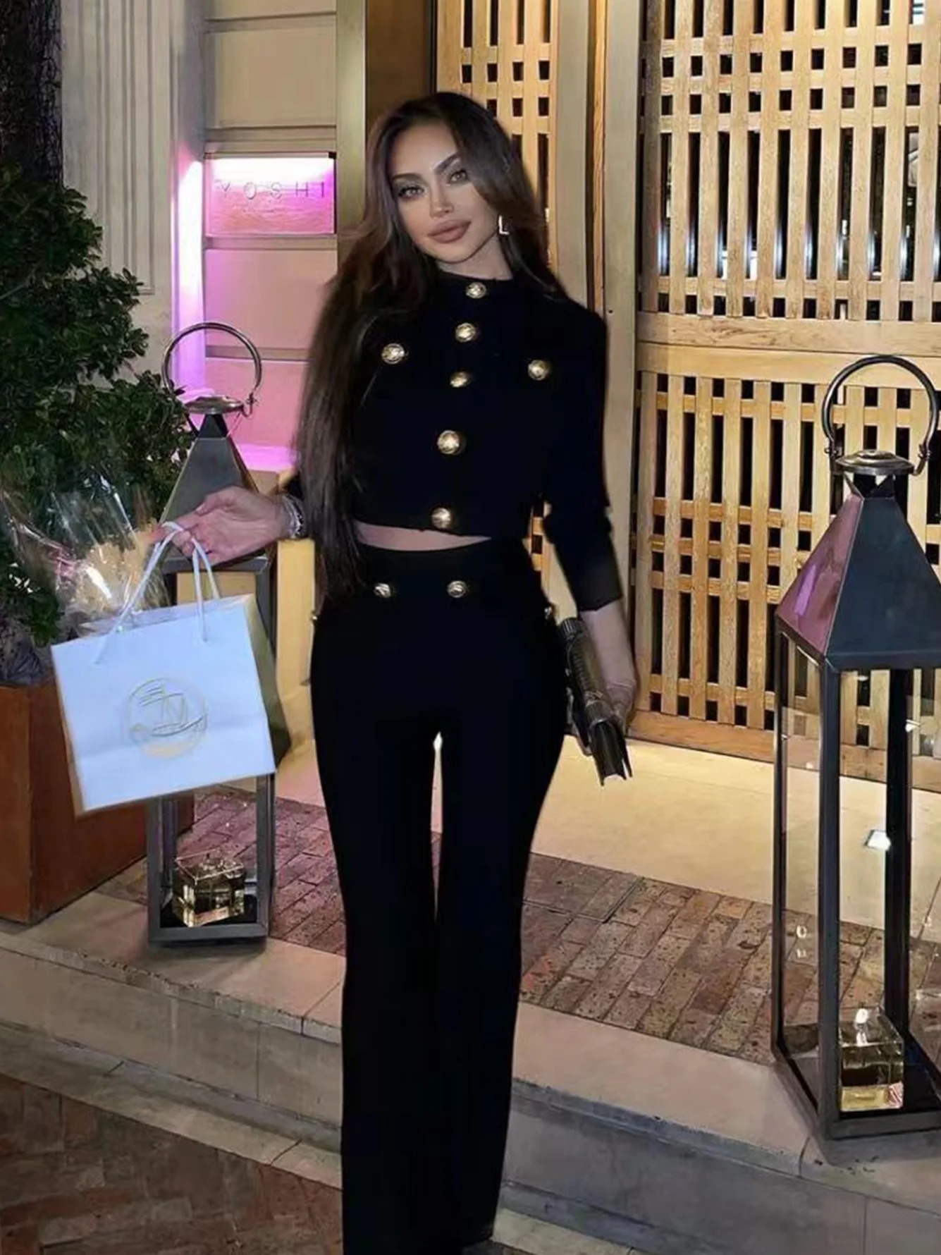 Casual Long Sleeve Button Stretch Bandage Top Long Pants 2 Piece Sets