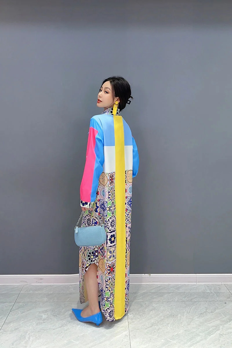 Casual Patchwork Print Robe Chic Block Loose Shirt Dress - Image 4
