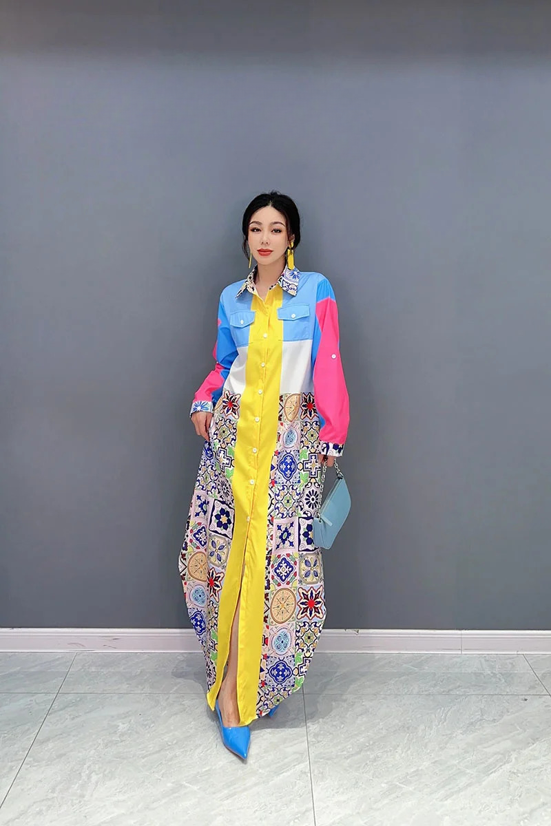 Casual Patchwork Print Robe Chic Block Loose Shirt Dress - Image 2